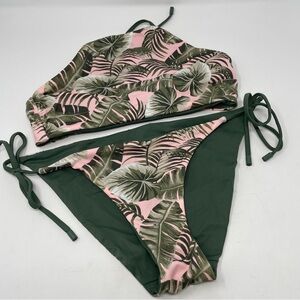 Lands’ End Pink and Green Palm Tree Print Reversible Bikini Swim Suit Medium